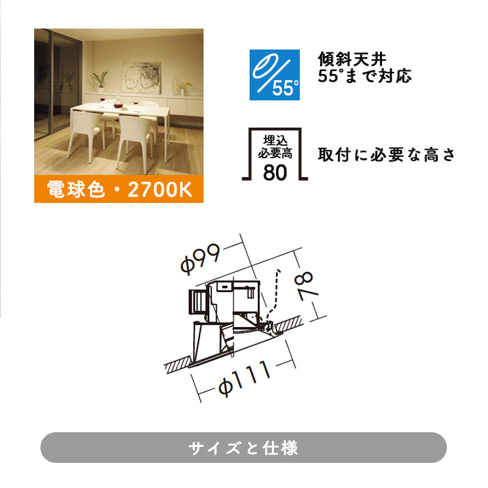 傾斜天井用ダウンライト Φ100・100W相当 電球色 | ホワイト