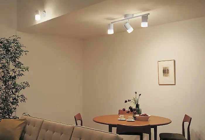 シーリングスポットライトが食卓と壁面の絵画を照らす