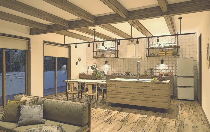 リビングキッチンで調光調色スポットを使用しているイメージ