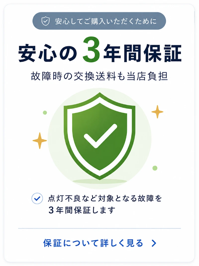 安心の3年間保証。故障時の交換送料も当店負担。点灯不良など対象となる故障を3年間保証します。