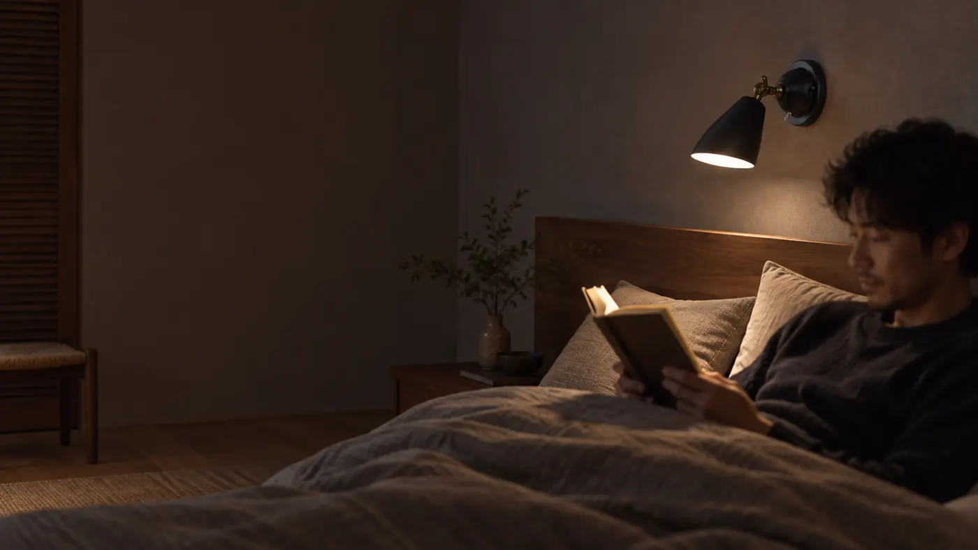 夜の寝室。ヘッドボードの横の壁に付けたアーム付きの読書灯が手元を照らし、男性がベッドで本を読んでいる