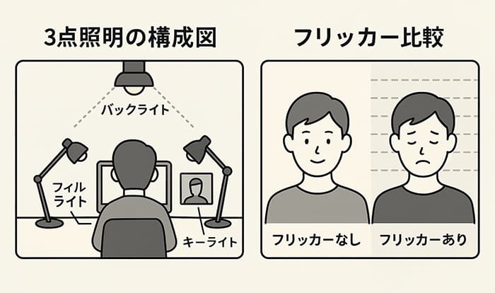 3点照明の構成図(キーライト・フィルライト・バックライト)